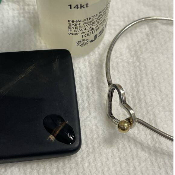 Sterling Silver 925 & 14K Heart Hook Bangle Bracelet Size 6.5" Dainty Minimalist - Picture 7 of 8